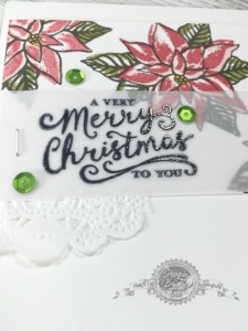 I created this before the OnStage event and I love the greeting embossed on Vellum then added as an overlay across the stamped images.  